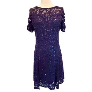 Marina Dresses Navy Blue Glittery Lace Short Sleeve Mini Dress, NWT